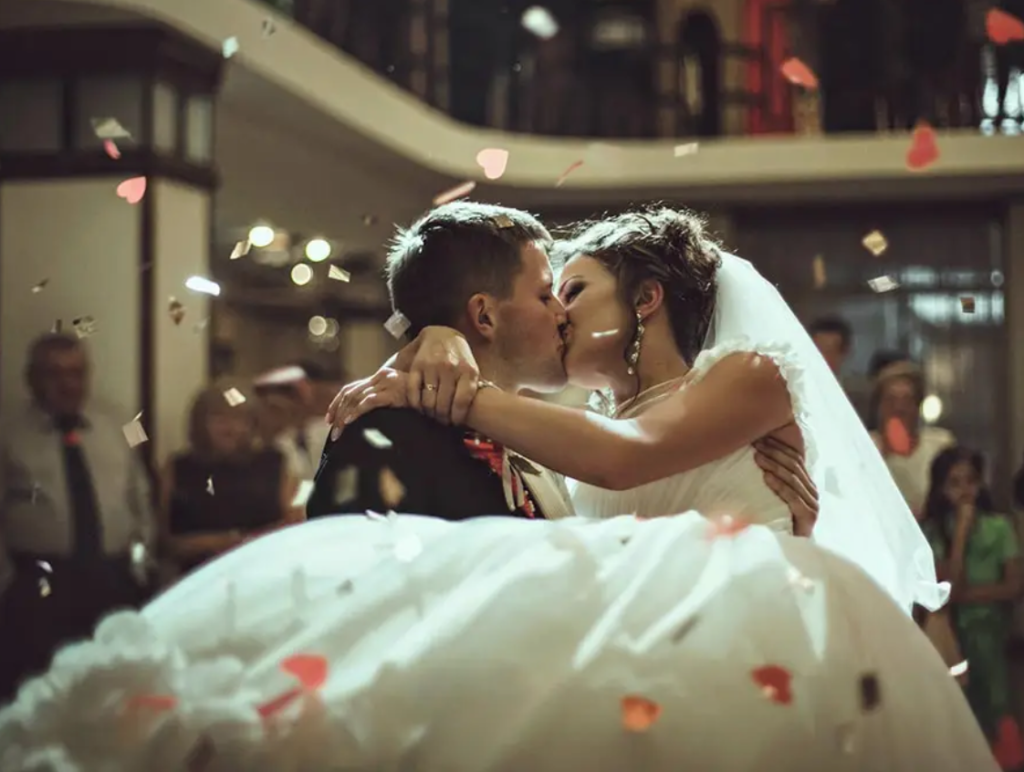 Wedding couple first dance with kiss